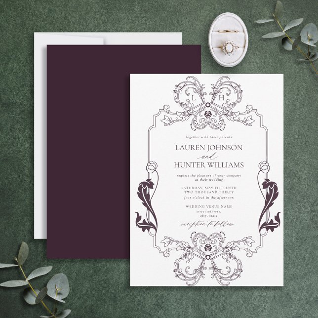 Invitación Ornate Purple Floral Line Art Monograma Boda (Subido por el creador)