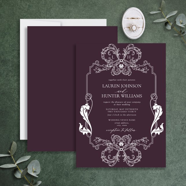 Invitación Ornate Purple Floral Line Art Monograma Boda (Subido por el creador)