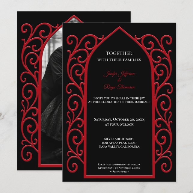 Invitación Ornate red border Photo Gothic wedding Invitation (Anverso / Reverso)