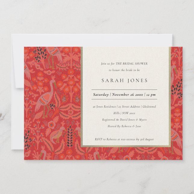 Invitación Ornate Red Classy Floral Peacock Bridal (Anverso)