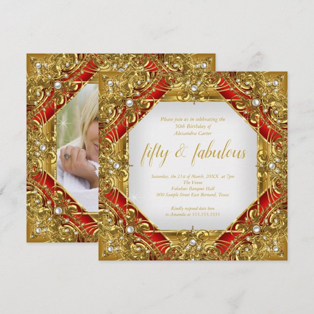 Invitación Ornate Red Fabulous 50th Photo Gold sobre el Fiest (Anverso / Reverso)