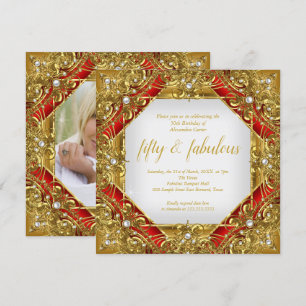 Invitación Ornate Red Fabulous 50th Photo Gold sobre el Fiest