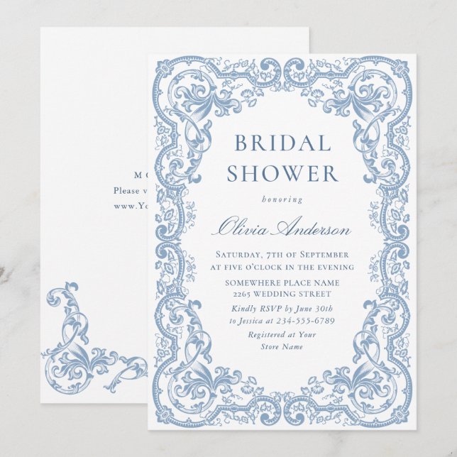Invitación Ornate renacentista Dusty Blue Floral Bridal Showe (Anverso / Reverso)