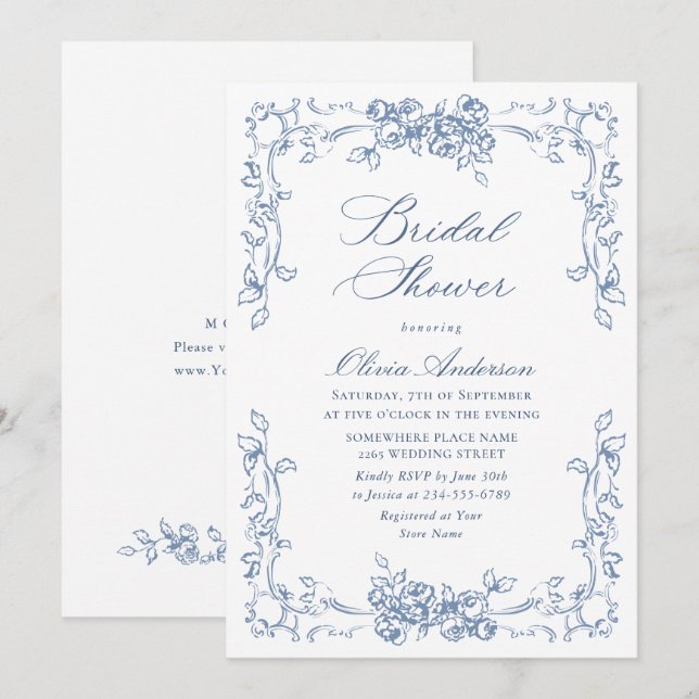 Invitación Ornate renacentista Dusty Blue Floral Bridal Showe (Anverso / Reverso)