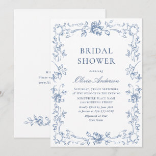 Invitación Ornate renacentista Dusty Blue Floral Bridal Showe