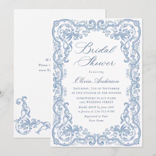 Invitación Ornate renacentista Dusty Blue Floral Bridal Showe (Anverso / Reverso)