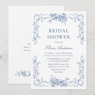 Invitación Ornate renacentista Dusty Blue Floral Bridal Showe