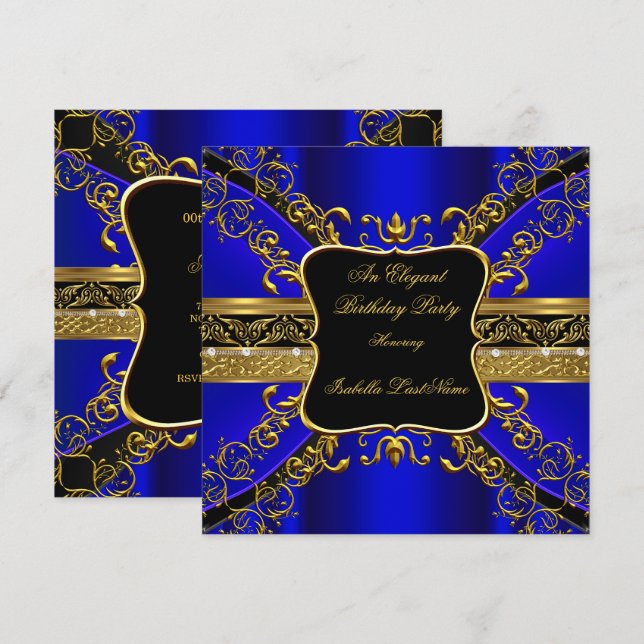 Invitación Ornate Royal Blue Black Gold Party 2 (Anverso / Reverso)