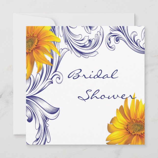 Invitación Ornate Royal Blue Yellow Sunflowers Ducha de novia (Anverso)