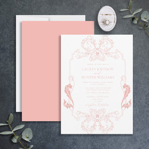 Invitación Ornate Rubor Pink Floral Line Art Monograma Boda