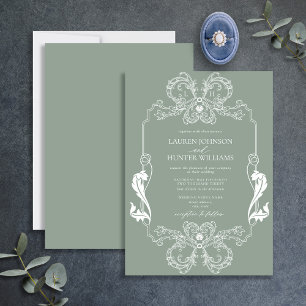 Invitación Ornate Sage Green Floral Line Art Monograma Boda