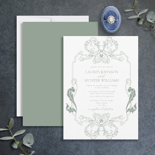 Invitación Ornate Sage Green Floral Line Art Monograma Boda