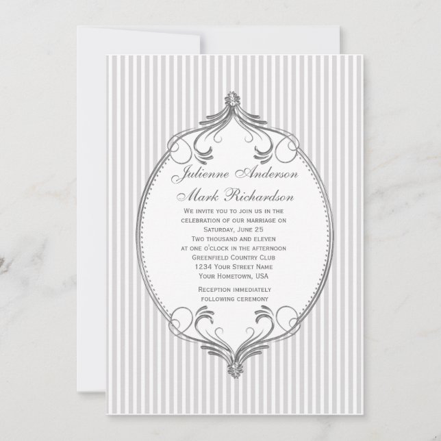 Invitación Ornate Silver Frame Light Gray Stripes Boda (Anverso)