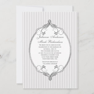 Invitación Ornate Silver Frame Light Gray Stripes Boda