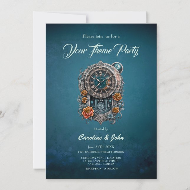 Invitación Ornate Steampunk Clock con Rosas. (Anverso)