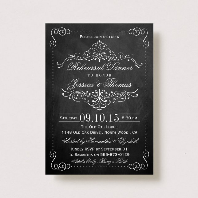 Invitación Ornate Swirl Chalkboard Boda Ensayo Cena (Subido por el creador)