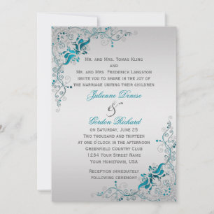Invitación Ornate Verde azulado y plateado Bodas de Swirls Fl