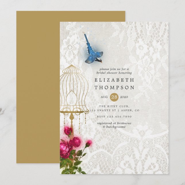 Invitación Ornate Vintage Birdcage Lace Brillante Ducha (Anverso / Reverso)