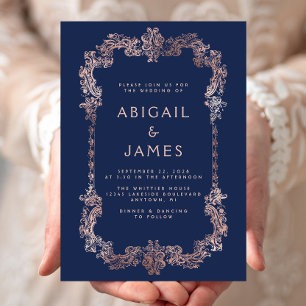 Invitación Ornate Vintage Frame Navy Rosa azul Boda de oro