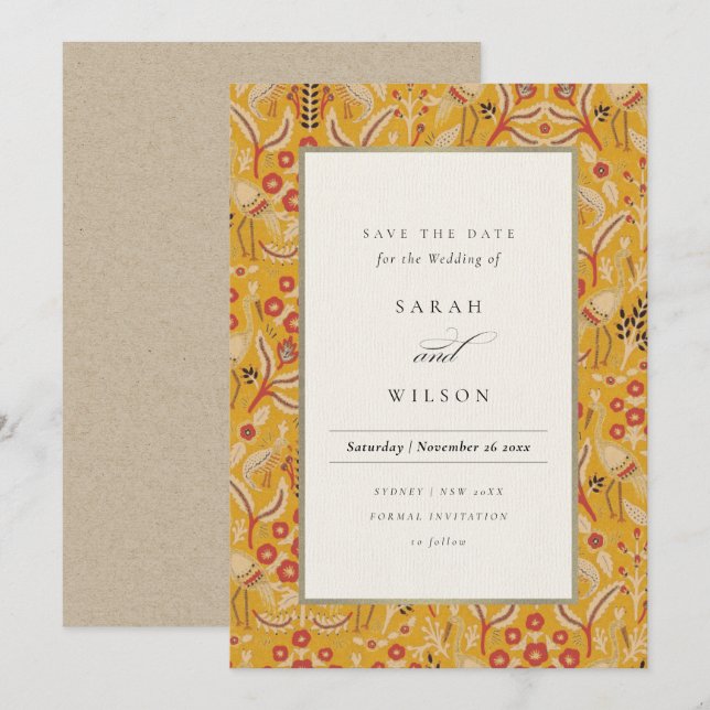 Invitación Ornate Yellow Gold Floral Peacock Ahorra La Fecha (Anverso / Reverso)