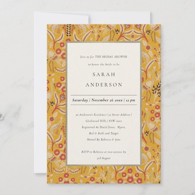 Invitación Ornate Yellow Gold Floral Peacock Bridal Shower (Anverso)