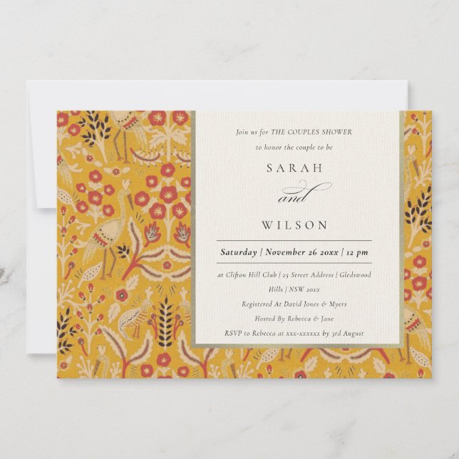 Invitación Ornate Yellow Gold Floral Peacock Parejas Ducha (Anverso)