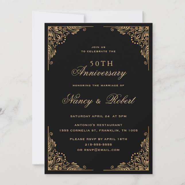 Invitación Ornato de la frontera dorada Aniversario del Boda  (Anverso)