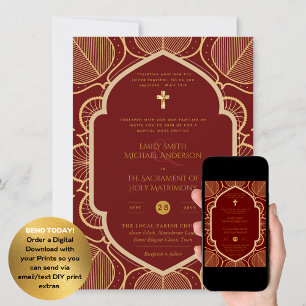 Invitación Ornato de Oro Borgoña Católico Boda de Masa Nupcia