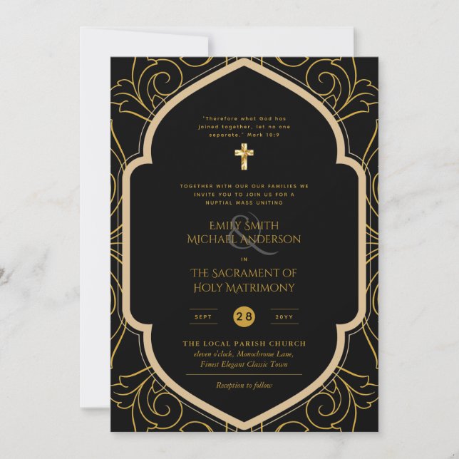 Invitación Ornato de Oro Negro Católico Boda de Masa Nupcial (Anverso)