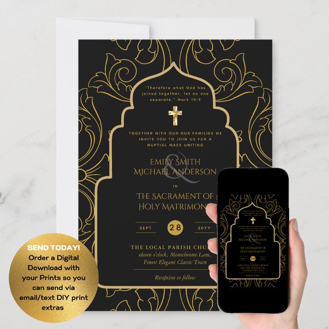 Invitación Ornato de Oro Negro Católico Boda de Masa Nupcial (Subido por el creador)