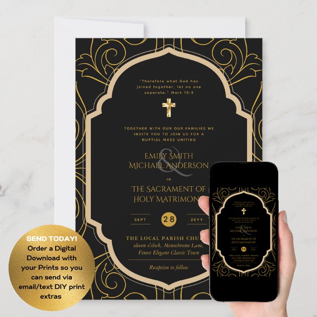 Invitación Ornato de Oro Negro Católico Boda de Masa Nupcial (Subido por el creador)