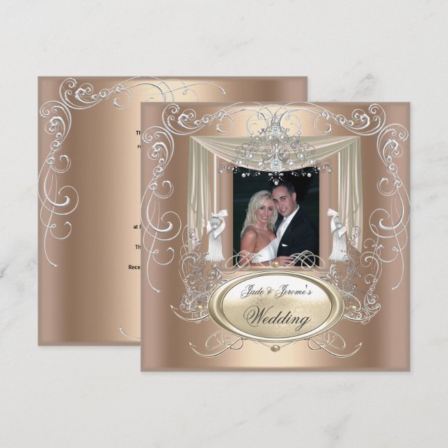 Invitación Ornato de Plata de Crema de Café Oro boda Elegante (Anverso / Reverso)