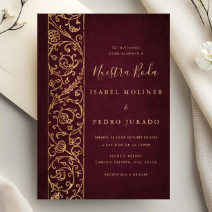 Invitación Ornato Floral Dorado Borgoña Nuestra Boda Boda