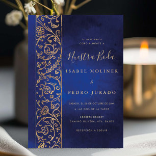 Invitación Ornato Floral Oro Azul Nuestra Boda Boda
