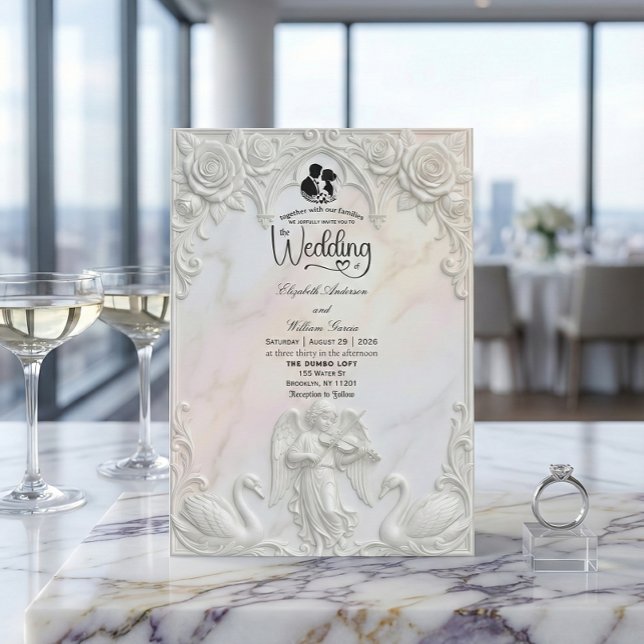 Invitación Ornato querubín y cisne Rococó para boda de cuento (Subido por el creador)