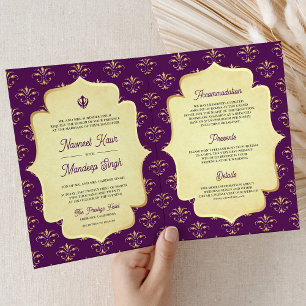 Invitación Ornato real de oro morado Anand Karaj Sikh Boda
