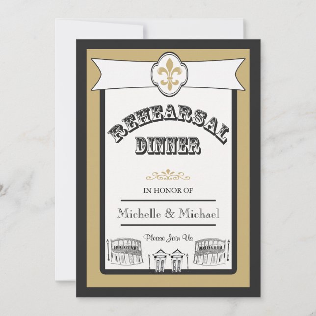 Invitación Oro 1 del negro de la cena del ensayo de la boda (Anverso)