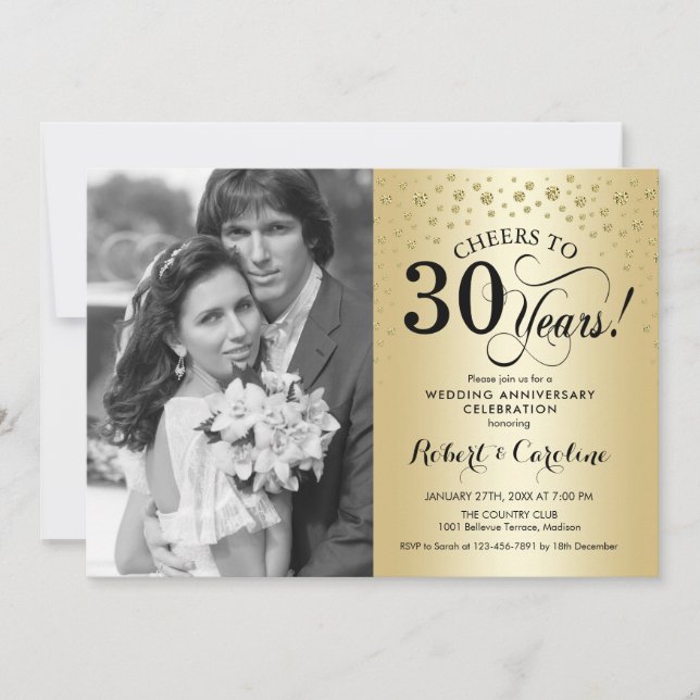 Invitación Oro 30° aniversario Boda con foto (Anverso)