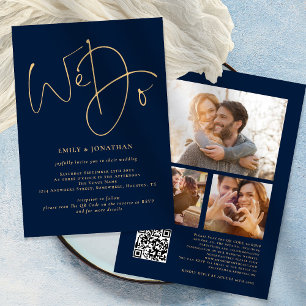 Invitación Oro 3 Fotos Código QR Boda Azul de la Marina