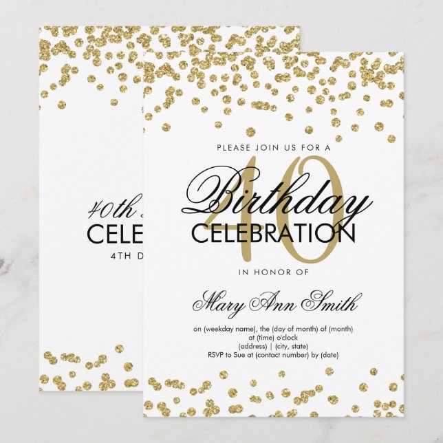 Invitación Oro 40.º Fiesta de cumpleaños Purpurina Confetti (Anverso / Reverso)