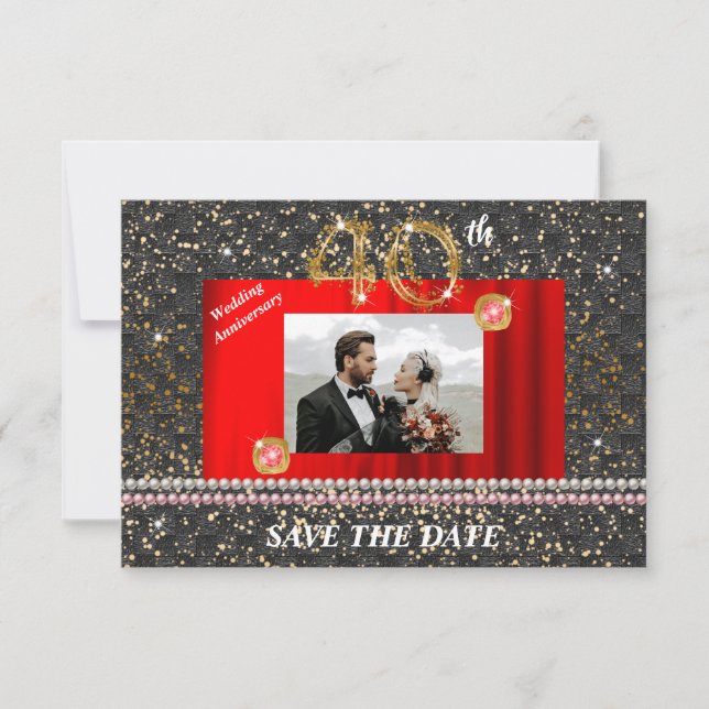 Invitación Oro 40 aniversario Boda Tejidos y Perlas Negros (Anverso)