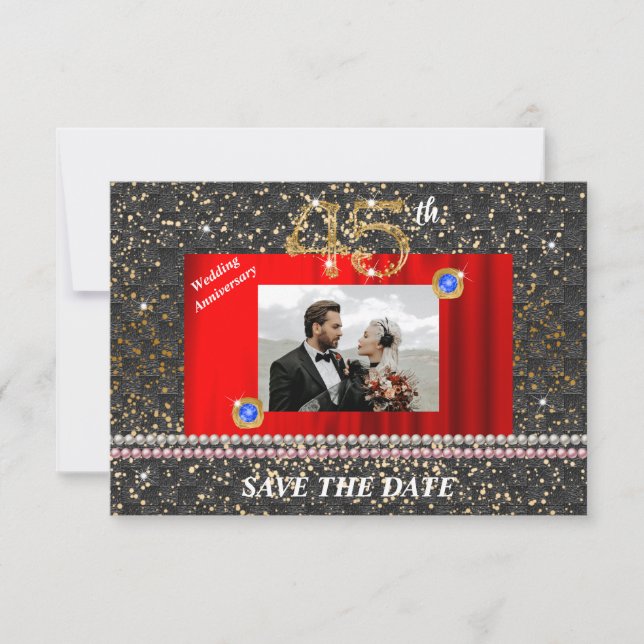 Invitación Oro 45º aniversario Boda Tejidos y Perlas Negras (Anverso)