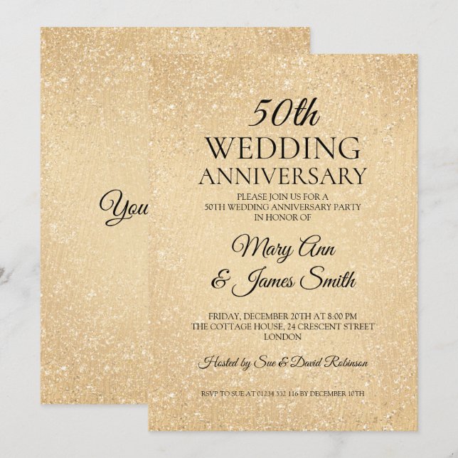 Invitación Oro 50 Aniversario Boda Purpurina Paint Look (Anverso / Reverso)