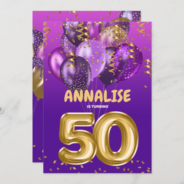 Invitación Oro 50 años Confetti Purple 50 cumpleaños (Anverso / Reverso)