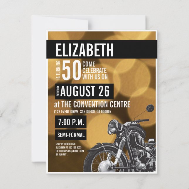 Invitación Oro 50 años negro Fiesta de Motocicleta Moderna (Anverso)