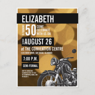 Invitación Oro 50 años negro Fiesta de Motocicleta Moderna
