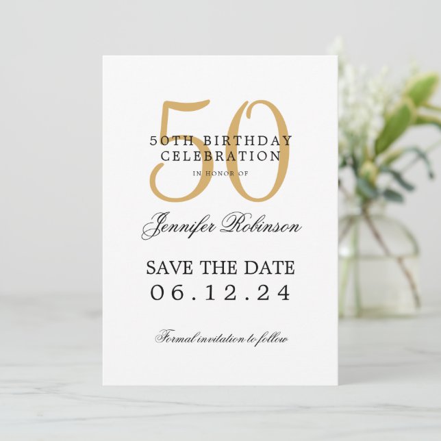 Invitación Oro 50 cumpleaños Guardar la fecha con detalles (Anverso de pie)