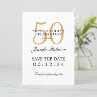 Invitación Oro 50 cumpleaños Guardar la fecha con detalles