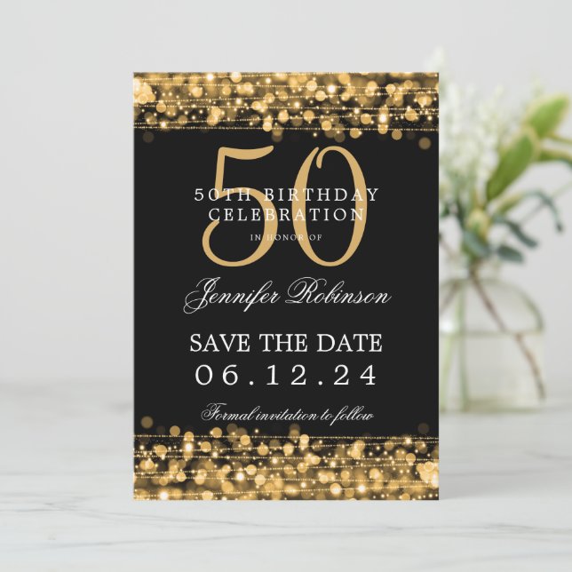 Invitación Oro 50 cumpleaños Guardar la fecha con detalles (Anverso de pie)