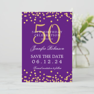 Invitación Oro 50 cumpleaños Salven la fecha Confetti púrpura